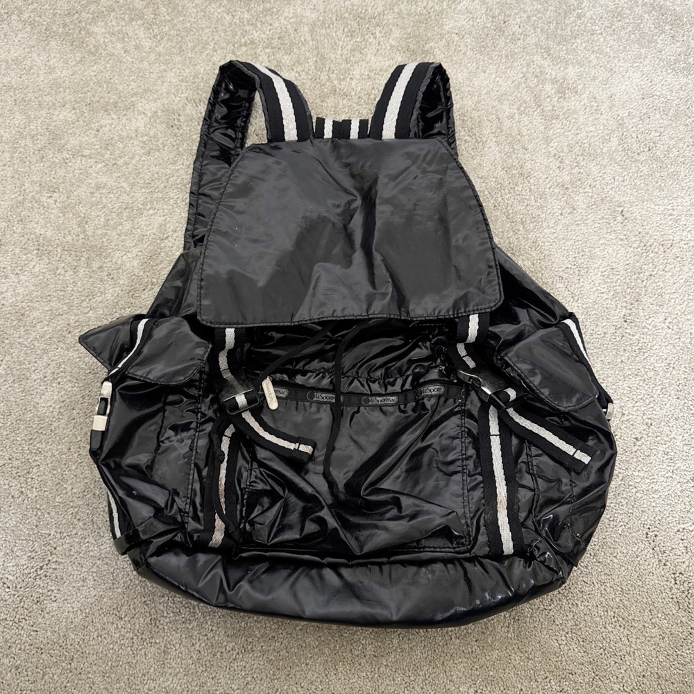 LeSportsac Voyager Black Patent Drawstring Backpack Bag Large Travel